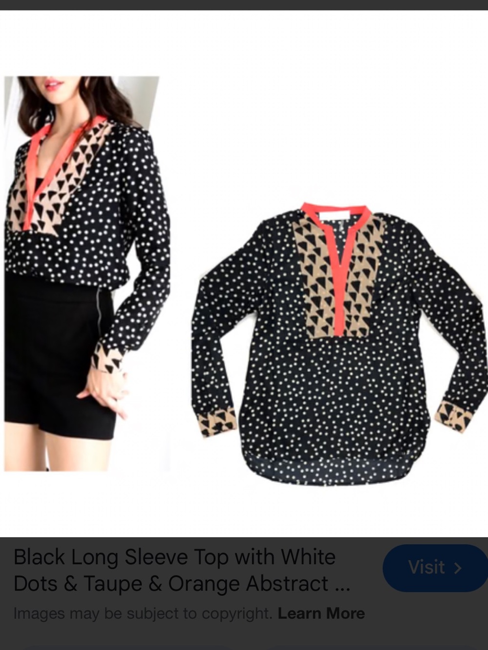 THML Black Polka Dot Blouse with Taupe Abstract Panels and Coral Trim, Sz XS